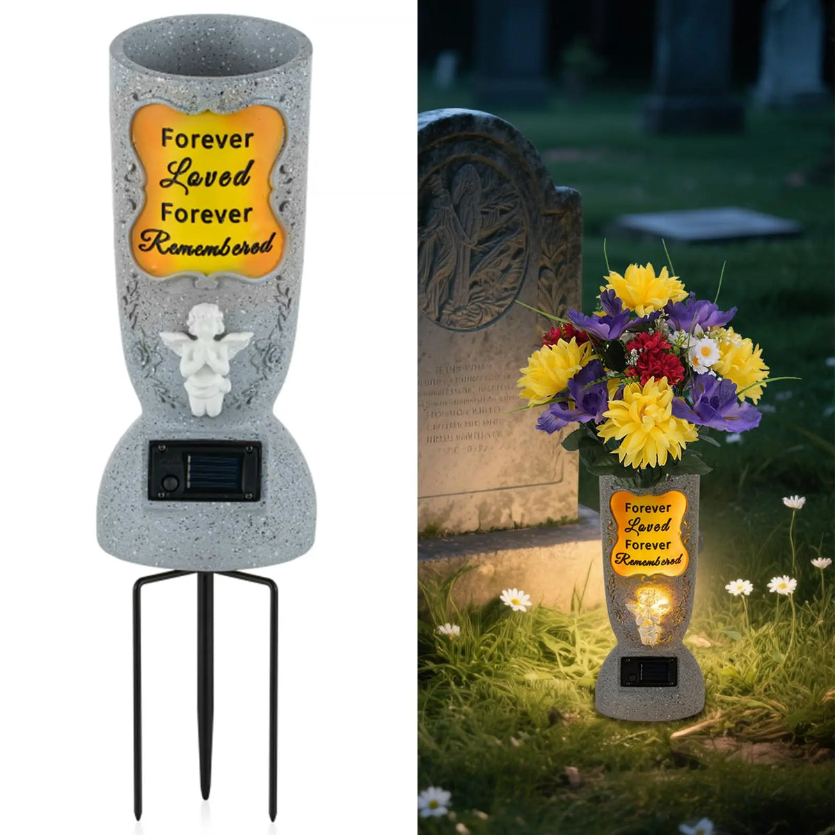 Solar-Powered Cross Angel Ceramic StoneVase with LED Light - Grave Vase, CemeteryTombstone Decoration, Fresh/Artificial FlowerHolder, Commemoration Gift for GrievingIndividuals