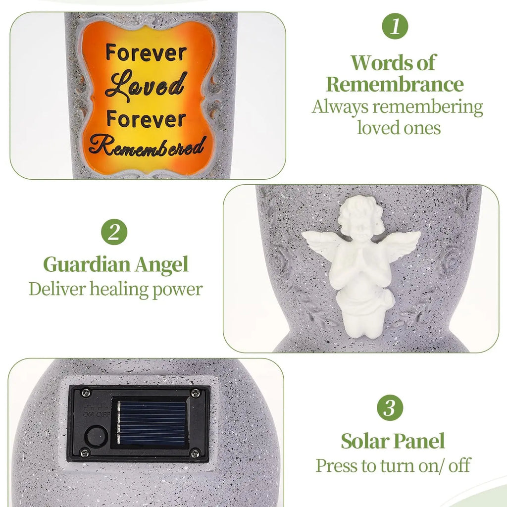 Solar-Powered Cross Angel Ceramic StoneVase with LED Light - Grave Vase, CemeteryTombstone Decoration, Fresh/Artificial FlowerHolder, Commemoration Gift for GrievingIndividuals