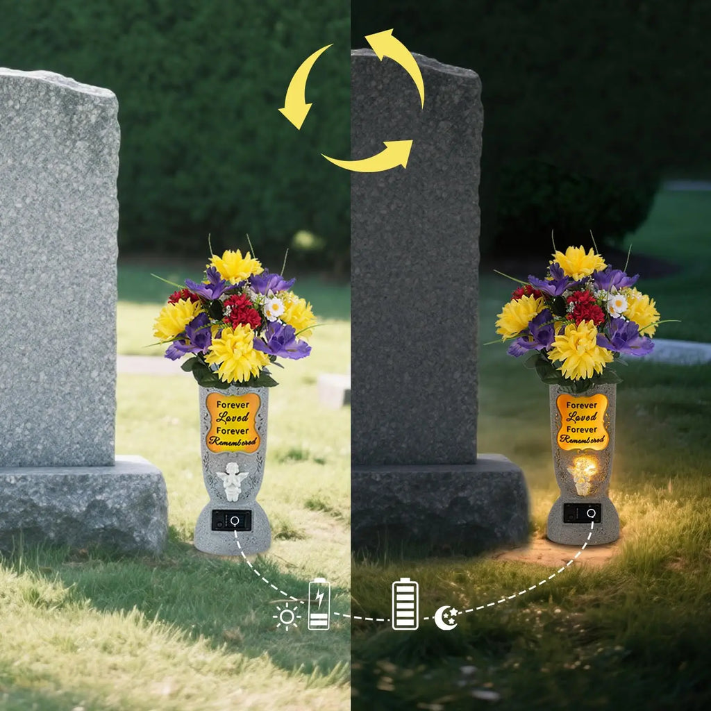 Solar-Powered Cross Angel Ceramic StoneVase with LED Light - Grave Vase, CemeteryTombstone Decoration, Fresh/Artificial FlowerHolder, Commemoration Gift for GrievingIndividuals