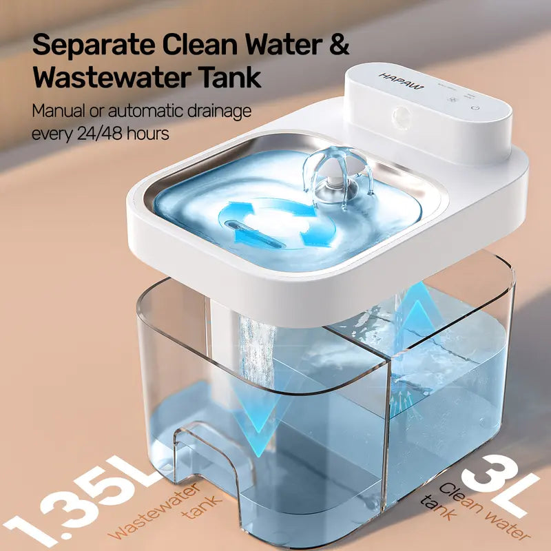 HAPAW Smart Cat Water Fountain withSeparate Clean & Wastewater Tanks, Filter-Free Design,3L Clean Water + 1.35L Wastewater Tanks, 2 Water FlowModes, Cordless with App Control for Multi-Cat Homes& Busy Cat Owners