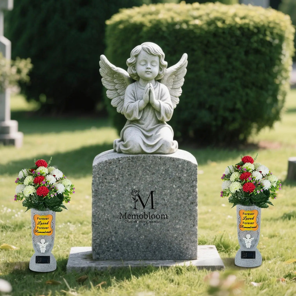 Solar-Powered Cross Angel Ceramic StoneVase with LED Light - Grave Vase, CemeteryTombstone Decoration, Fresh/Artificial FlowerHolder, Commemoration Gift for GrievingIndividuals