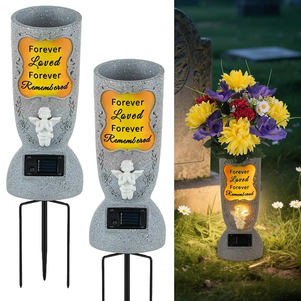 Solar-Powered Cross Angel Ceramic StoneVase with LED Light - Grave Vase, CemeteryTombstone Decoration, Fresh/Artificial FlowerHolder, Commemoration Gift for GrievingIndividuals