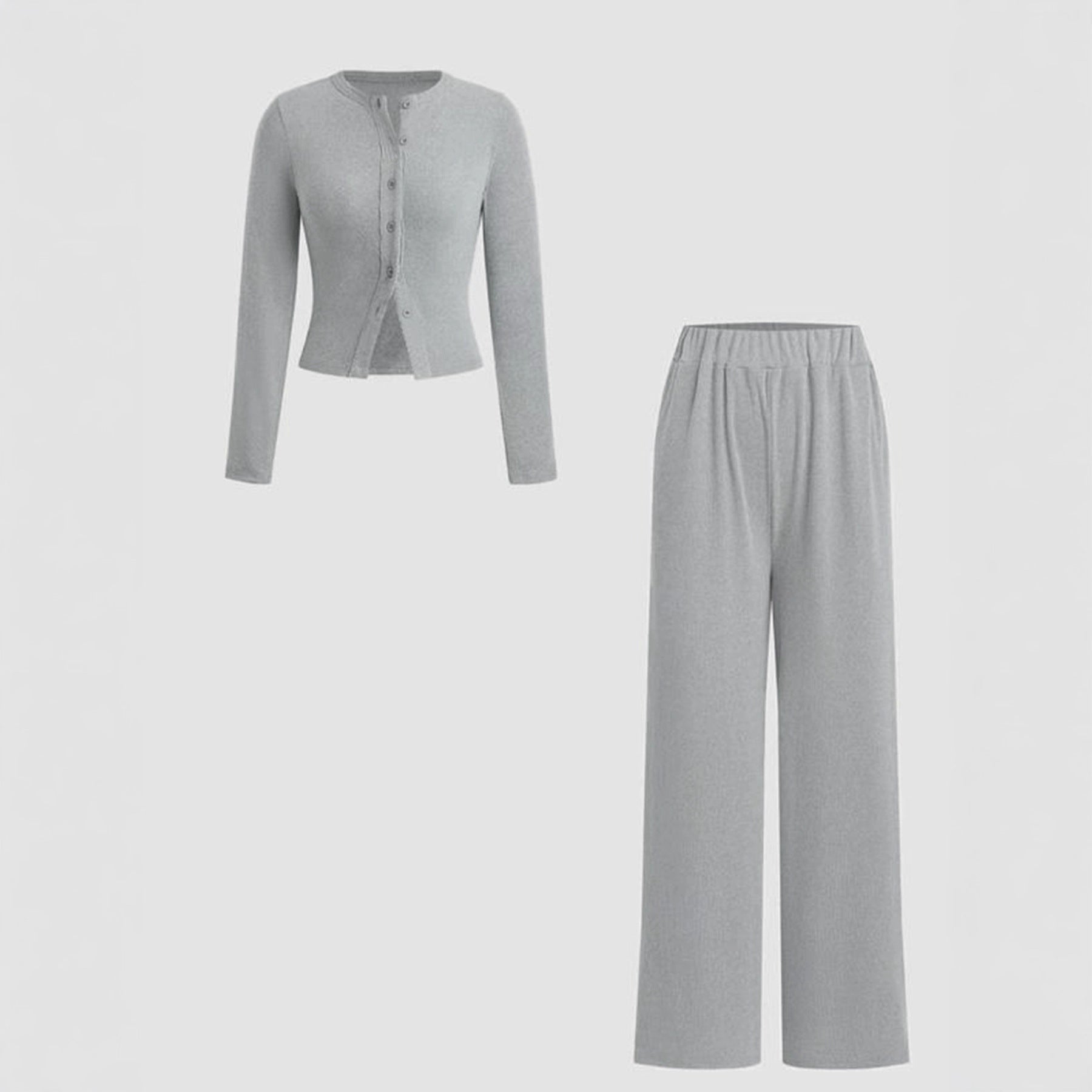 Two-piece Set Women's Basic Solid ButtonFront Ribbed Knit Crop Top & Elastic Waist SlimPants, Casual Long Sleeve Outfits for Spring &Fall, Women's Clothes for Daily Wear, AirportOutfit Womenswear Lady Fitted Clothing Set