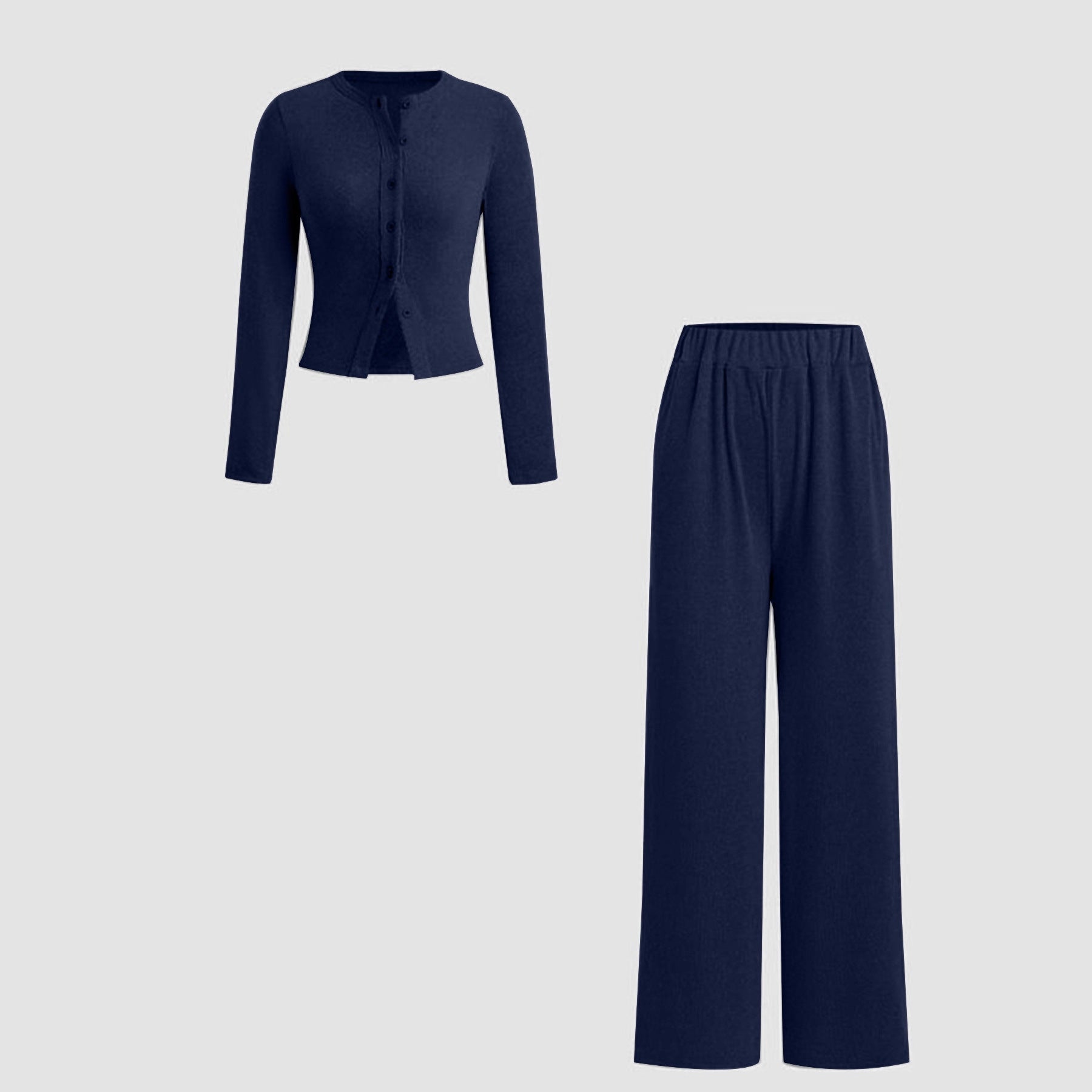 Two-piece Set Women's Basic Solid ButtonFront Ribbed Knit Crop Top & Elastic Waist SlimPants, Casual Long Sleeve Outfits for Spring &Fall, Women's Clothes for Daily Wear, AirportOutfit Womenswear Lady Fitted Clothing Set