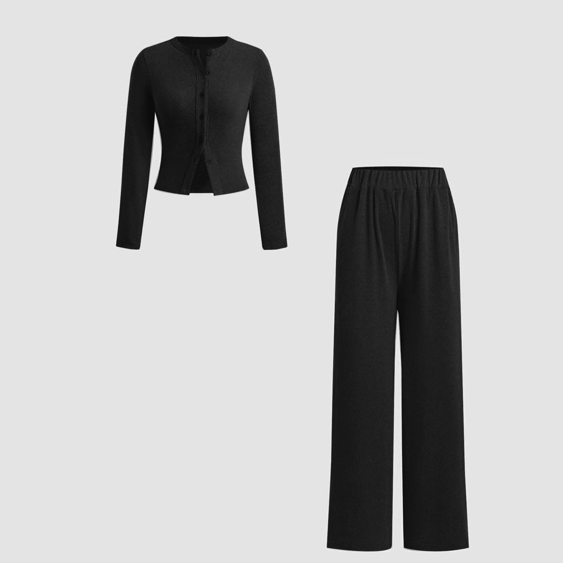 Two-piece Set Women's Basic Solid ButtonFront Ribbed Knit Crop Top & Elastic Waist SlimPants, Casual Long Sleeve Outfits for Spring &Fall, Women's Clothes for Daily Wear, AirportOutfit Womenswear Lady Fitted Clothing Set